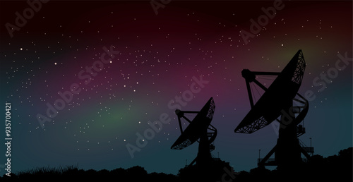 Sternenhimmel mit Nordlichtern - Vektor Silhouette Radarteleskope lauschen und empfangen Signale