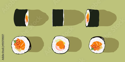 Sushi Japan Food. Traditional food. Asian food for restaurants menu. Tekkamaki roll with salmon and caviar