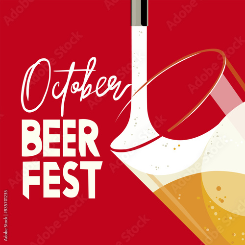 Oktoberfest festival. Retro beer vector poster on a red background. Beer advertisement design. A glass of cold beer. Beer is poured from a barrel