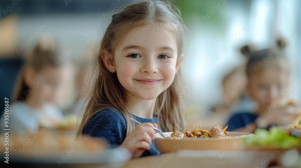In a vibrant restaurant setting, a cheerful young girl delights in her nutritious meal, surrounded by friends, all sharing joyful moments over food and laughter In a vibrant restaurant setting, a cheerful young girl delights in her nutritious meal, surrounded by friends, all sharing joyful moments over food and laughter
