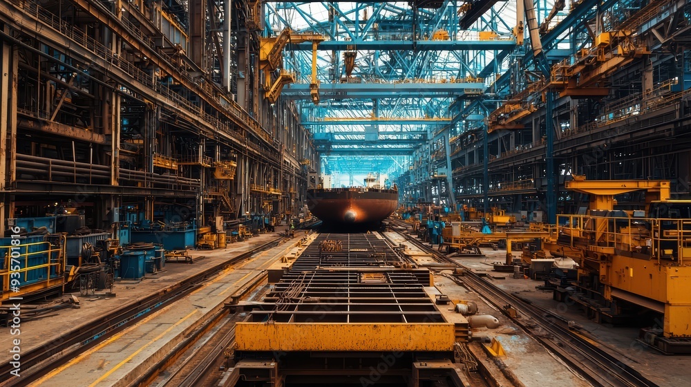Large industrial shipyard with cranes and machinery Large industrial shipyard with cranes and machinery