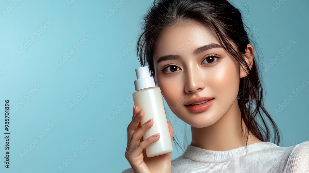 Young woman holding a white bottle of facial spray. Young woman holding a white bottle of facial spray.
