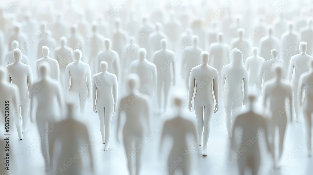 Fototapeta premium A large crowd of faceless white figures walking towards the light. The image creates a sense of anonymity and conformity. A powerful visual metaphor for society.