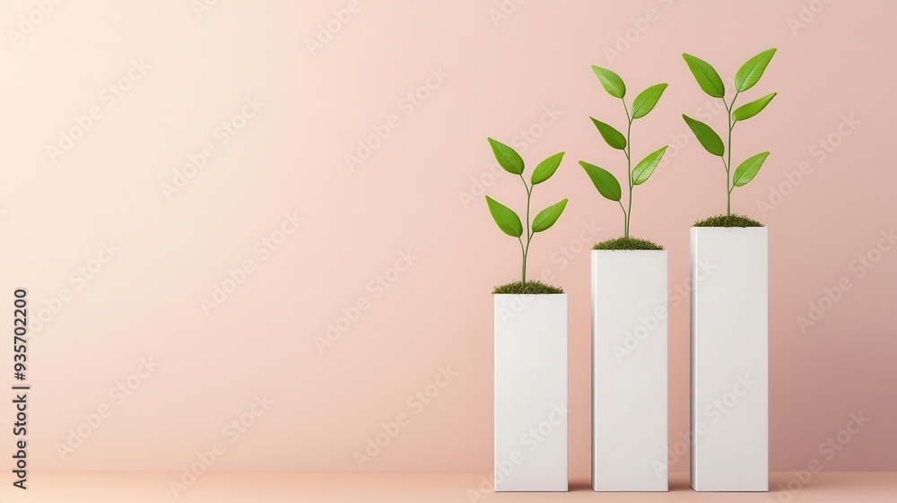 Bar graph with sprouting plants on top, visualizing economic growth driven by strong analysis, 3D illustration Bar graph with sprouting plants on top, visualizing economic growth driven by strong analysis, 3D illustration