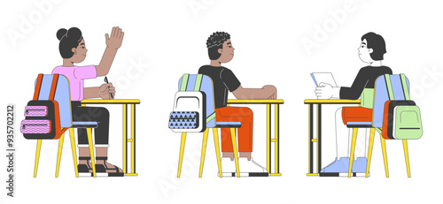 Diverse schoolkids sitting at desks 2D linear cartoon characters set. Tables pupils isolated line vector people white background. Schoolchildren school kids color flat spot illustrations collection