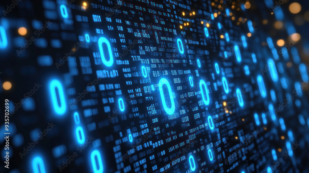 Fototapeta premium Blue glowing binary code flowing on a black background