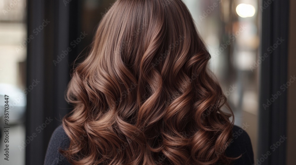Flowing wavy hair cascades down to the shoulders, showcasing rich brown tones in an outdoor urban environment. Flowing wavy hair cascades down to the shoulders, showcasing rich brown tones in an outdoor urban environment.