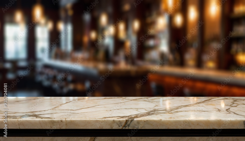 A polished marble countertop with brown veining in a softly lit, blurred background of a warm, inviting bar or restaurant interior. A polished marble countertop with brown veining in a softly lit, blurred background of a warm, inviting bar or restaurant interior.