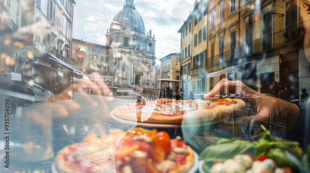 A vibrant cafe scene under historic architecture, showcasing delicious pizza and fresh ingredients with a view of the city. A vibrant cafe scene under historic architecture, showcasing delicious pizza and fresh ingredients with a view of the city.