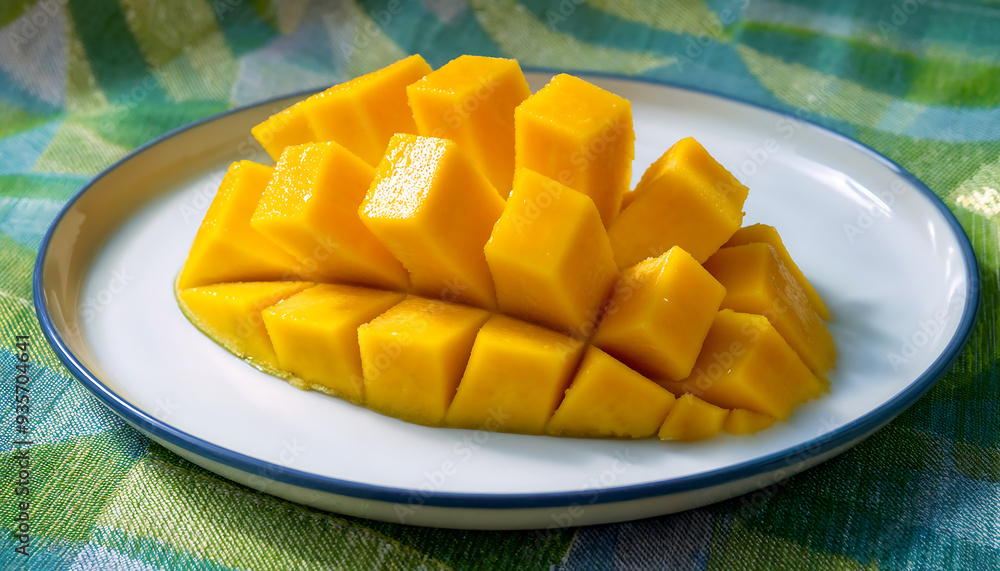 Ripe mango is beautifully sliced and presented on a plate Ripe mango is beautifully sliced and presented on a plate