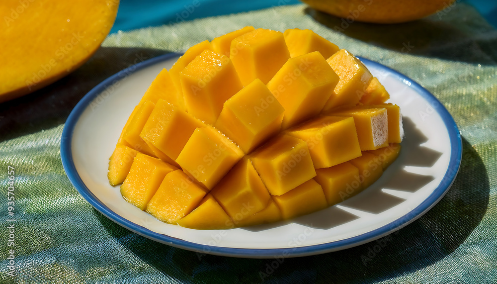 Ripe mango is beautifully sliced and presented on a plate Ripe mango is beautifully sliced and presented on a plate