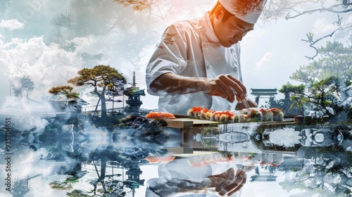 A skilled sushi chef artfully prepares sushi in a serene, picturesque landscape, blending culinary expertise with nature.