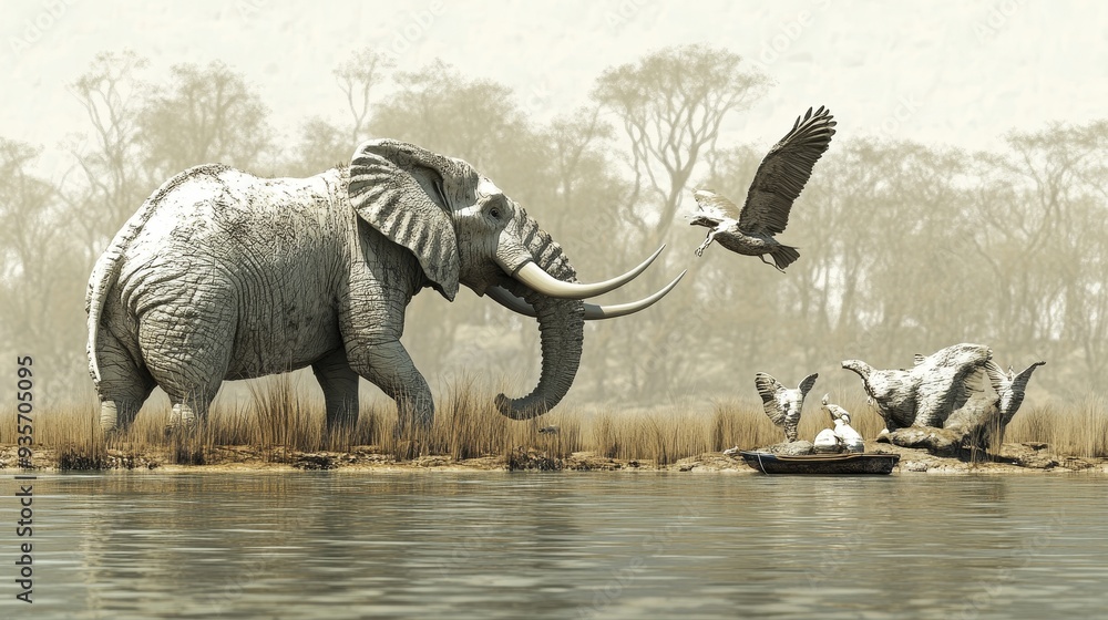 Fototapeta premium An elephant walks through a river with birds flying above and others resting on the bank.