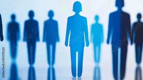 Blue paper cutouts of people stand in a row, representing a group or team.