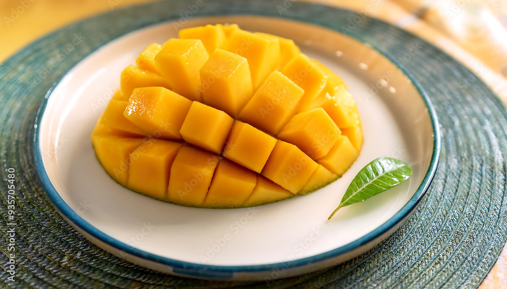 Ripe mango is beautifully sliced and presented on a plate Ripe mango is beautifully sliced and presented on a plate