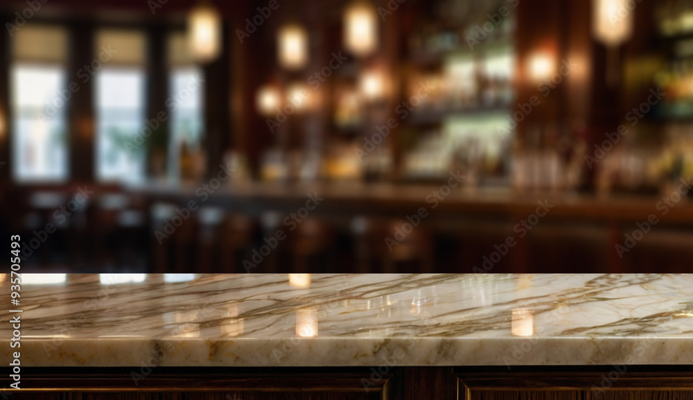 A polished marble countertop with brown veining in a softly lit, blurred background of a warm, inviting bar or restaurant interior. A polished marble countertop with brown veining in a softly lit, blurred background of a warm, inviting bar or restaurant interior.