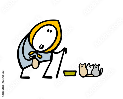 Doodle kind old lady feeds stray kittens. Vector illustration of a woman holding little bag of food, a bowl and small cats. Taking care of animals. Isolated person on white  background.