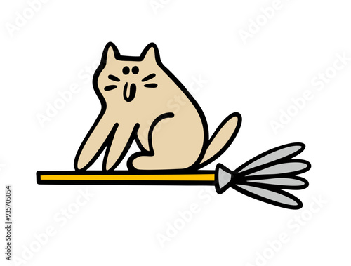 Magical cat sits on a broomstick and flies in the sky. Vector illustration of Halloween and traditional decorations. Doodle funny cartoon kitten is messing around in a fairy tale.