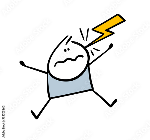 Cartoon unfortunate stickman is in a trance. Vector illustration of lightning striking a man in the head. Deadly danger, shock. Isolated character on white background.