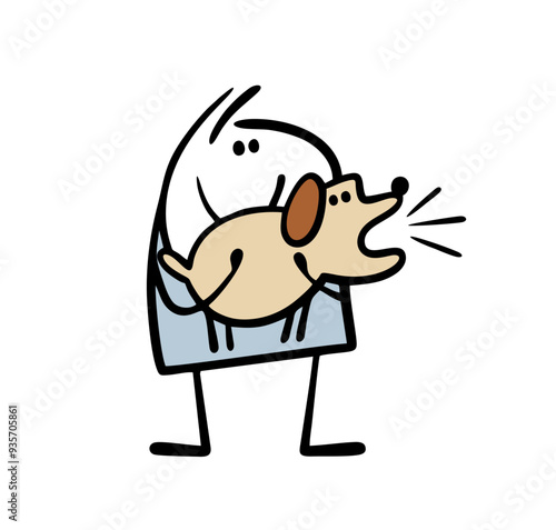 Cartoon stickman child holds a small dog in his arms. Vector illustration of   aggressive pet barking. Doodle brown puppy and the owner at an animal show. Isolated person on white background.