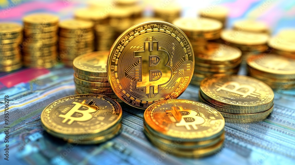 Golden Bitcoin coins stacked on a table, representing cryptocurrency wealth and financial success.