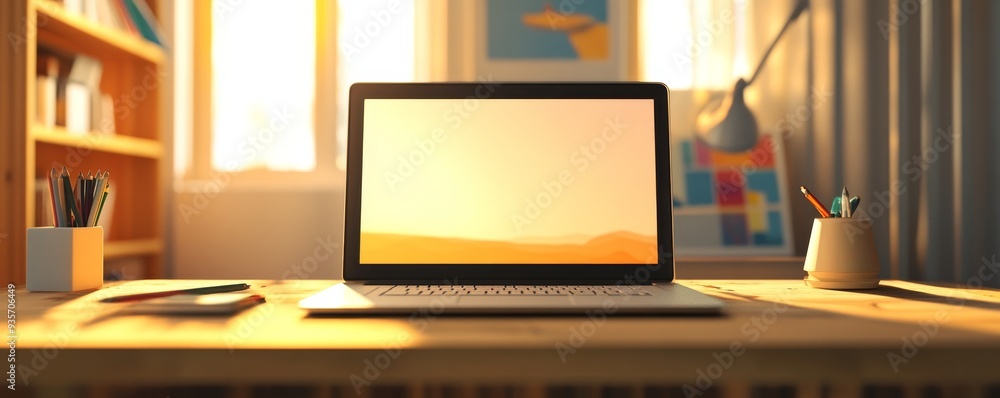 custom made wallpaper toronto digitalLaptop on a desk with window light and a bookshelf.