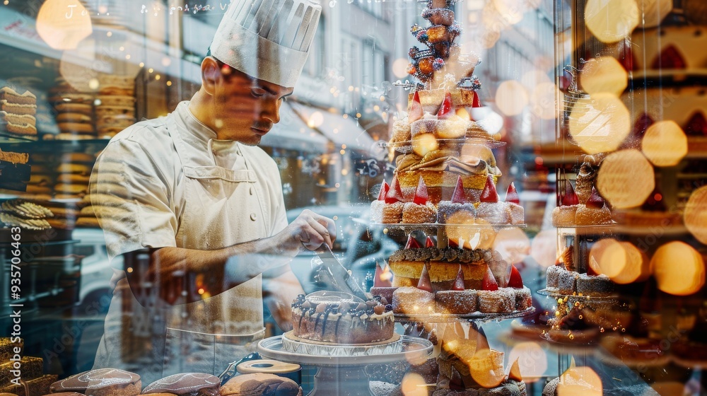 Obraz premium A skilled baker decorates a stunning cake in a vibrant bakery filled with intricate pastries and beautiful bokeh lights.