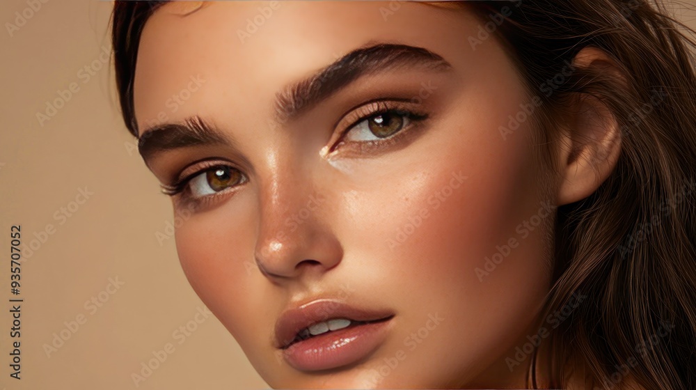 Fototapeta premium Close up portrait of a woman's face with brown hair and eyes.