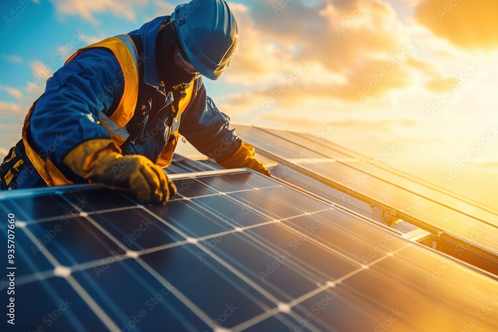 Technician installing solar panels on rooftop Technician installing solar panels on rooftop