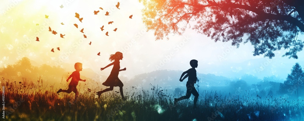 Three children run through a field of colorful light. Three children run through a field of colorful light.