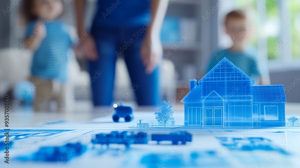 A blue 3D model of a house sits on a table with blurred figures of a family in the background. A blue 3D model of a house sits on a table with blurred figures of a family in the background.