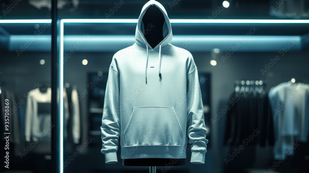 Mock up replica hoodie in stainless steel mannequin standing in luxurious shop. Mock up replica hoodie in stainless steel mannequin standing in luxurious shop.