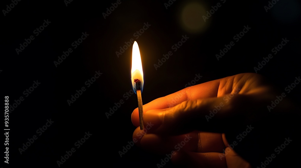 Person holding lit match in dark place. Black background. Memory of a person. Traditions Person holding lit match in dark place. Black background. Memory of a person. Traditions