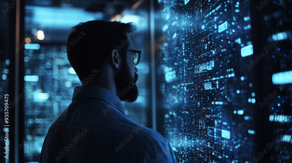 Programmer at a privacy data leak analysis screen in a big data server room