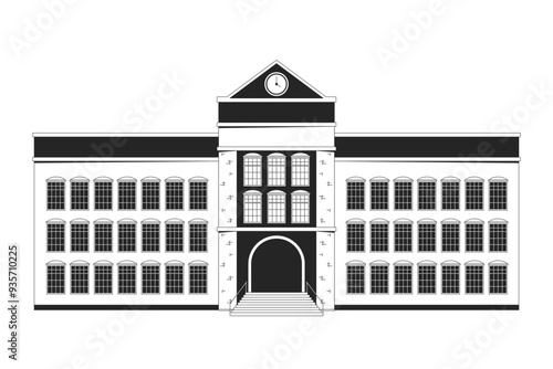 School exterior black and white 2D line object. Academy entrance. Highschool building facade schoolhouse isolated vector outline item. College campus architecture monochromatic flat spot illustration