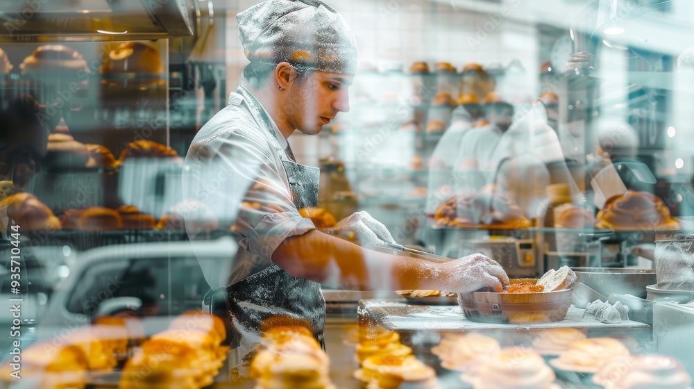 A focused baker prepares pastries in a bright bakery, surrounded by delicious treats and an atmosphere of creativity. A focused baker prepares pastries in a bright bakery, surrounded by delicious treats and an atmosphere of creativity.