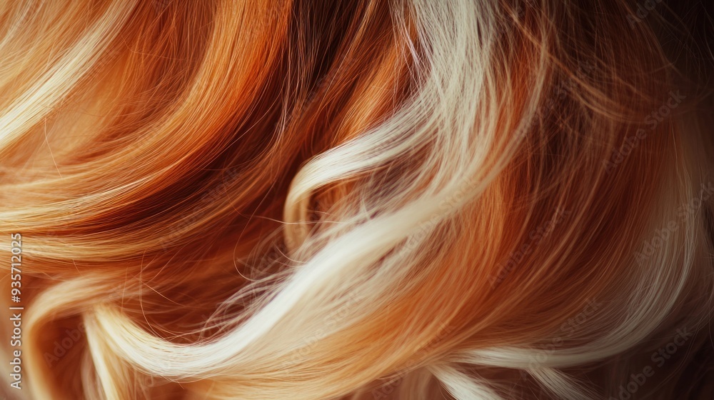 Naklejka premium Close-up of reddish brown and blonde hair with highlights, showing texture and shine.