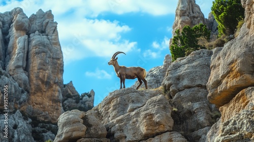 An Iberian ibex climbs the rugged rocks of Torcal de Antequera, showcasing its elegance and resilience.