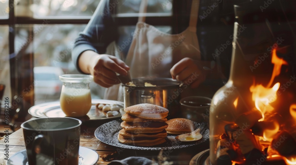 Fototapeta premium A cozy breakfast scene with pancakes, syrup, and a warm fire, capturing the essence of comfort and home-cooked meals.