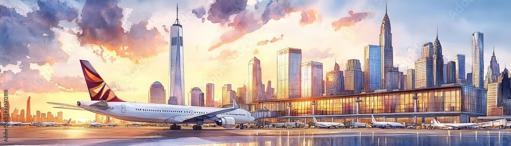 Airplane landing in New York City with cityscape skyline at sunset. Airplane landing in New York City with cityscape skyline at sunset.