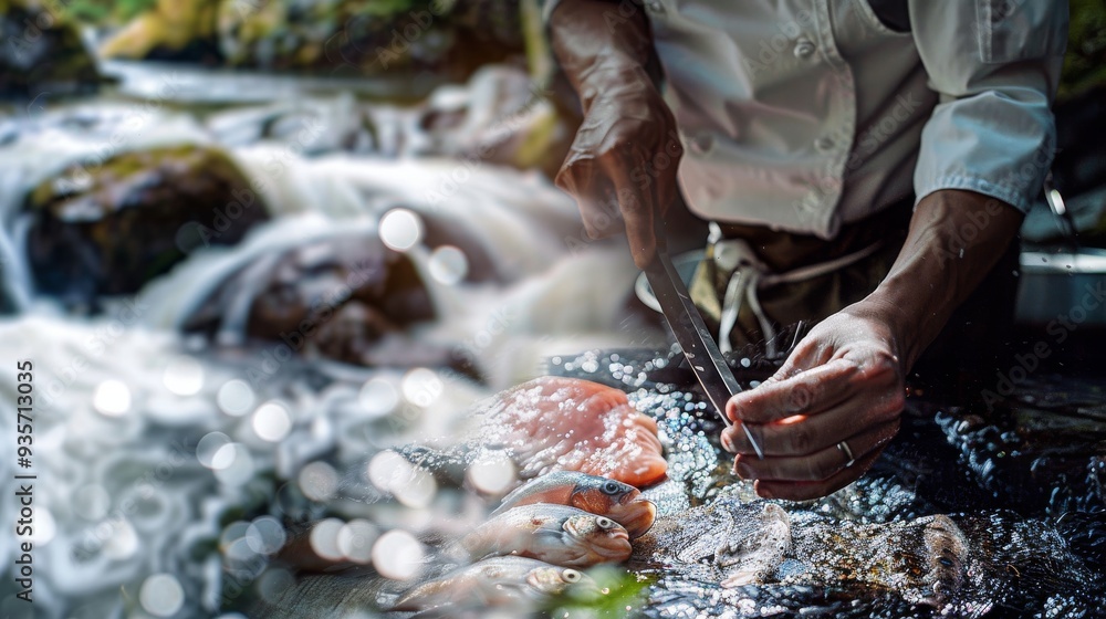 A chef skillfully prepares fresh fish by a serene riverside, showcasing culinary artistry and nature's beauty. A chef skillfully prepares fresh fish by a serene riverside, showcasing culinary artistry and nature's beauty.
