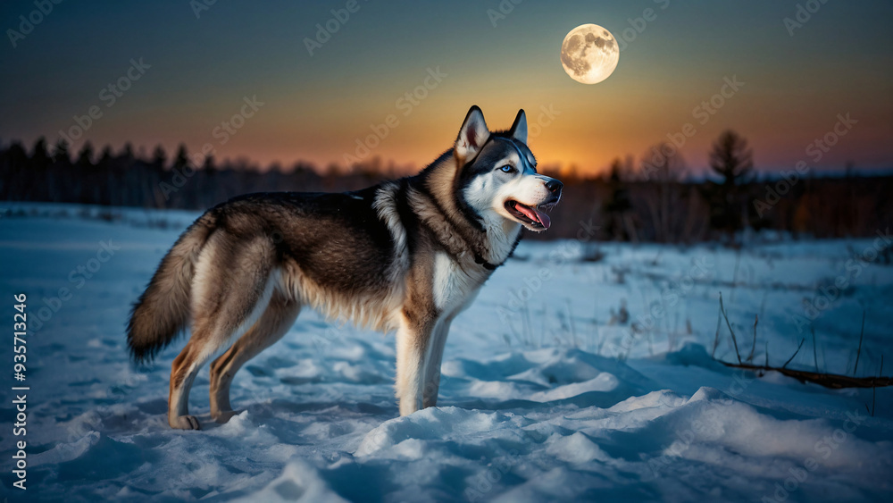 Pies husky wyjący do pełni księżyca. Generative AI.