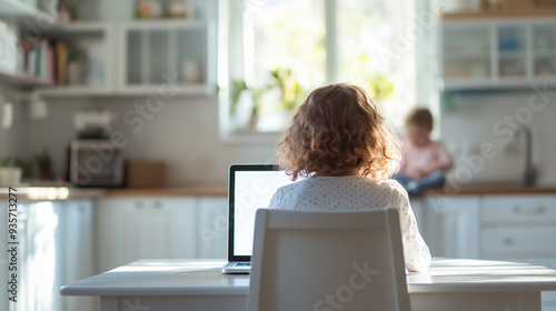 A person sitting at a kitchen table with a laptop, balancing work and home life with a child playing in the background, work-life balance, remote work, home office, parenting, mult photo