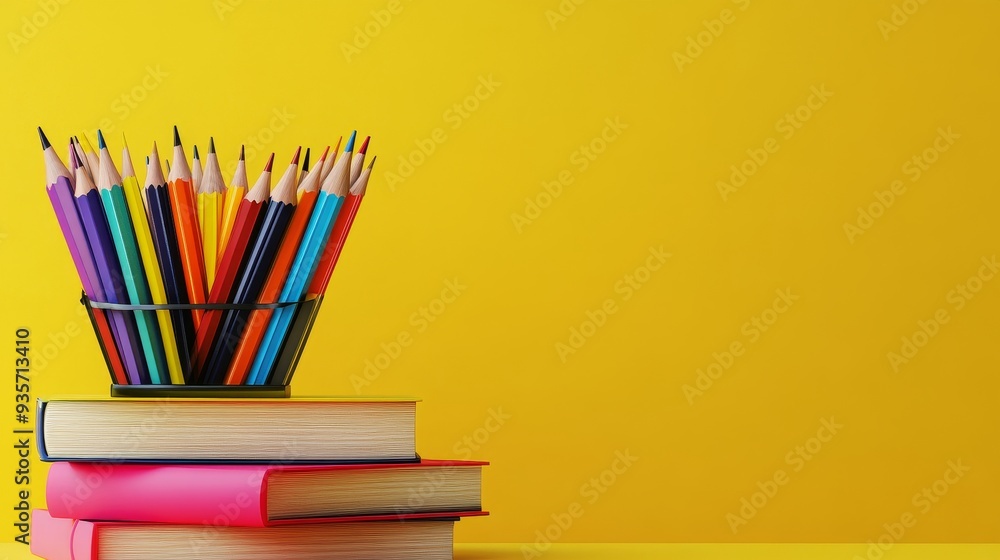 A stack of books and a pencil holder with colored pencils against a bright yellow background. A stack of books and a pencil holder with colored pencils against a bright yellow background.