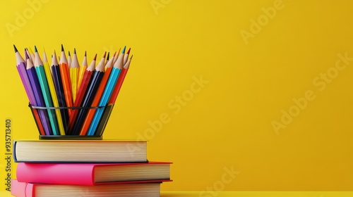 A stack of books and a pencil holder with colored pencils against a bright yellow background.