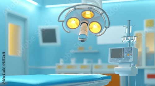 A surgical lamp illuminates an empty operating room. Medical equipment is visible in the background. photo