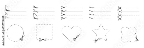 Cut here. Black scissors cutting. Set of cut dash lines and shapes isolated on white background. Simple Vector illustration. Shear cutting paper coupon or the cloth label along the line.