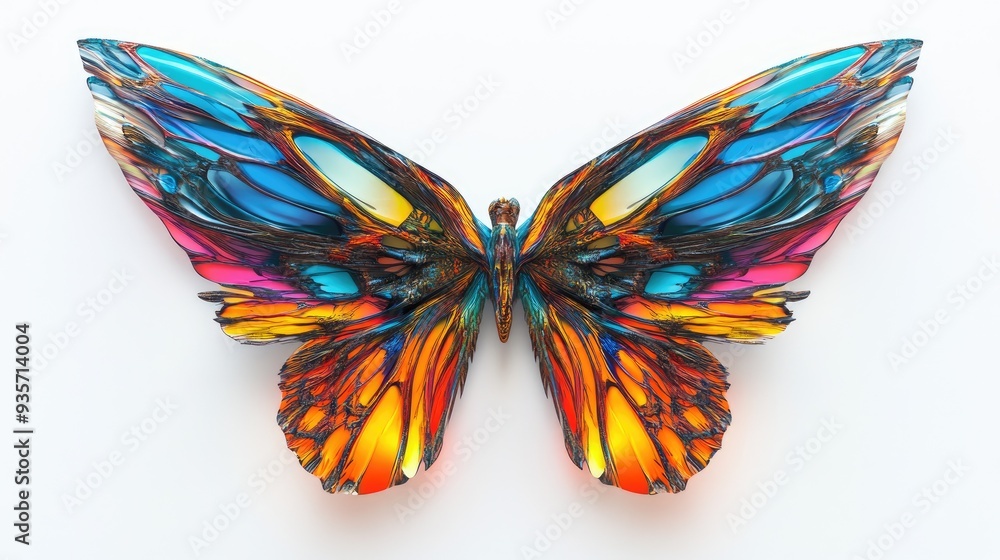 Abstract art featuring vibrant fractal wings of insects, perfectly symmetrical, with bright colors on a white backdrop Abstract art featuring vibrant fractal wings of insects, perfectly symmetrical, with bright colors on a white backdrop