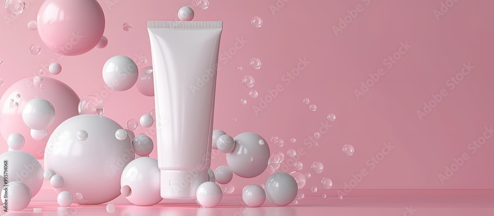 White plastic tube for cosmetic products levitating on a pink background with abstract white spheres viewed from the front Container suitable for hand cream moisturizer body lotion facial cleanser or White plastic tube for cosmetic products levitating on a pink background with abstract white spheres viewed from the front Container suitable for hand cream moisturizer body lotion facial cleanser or