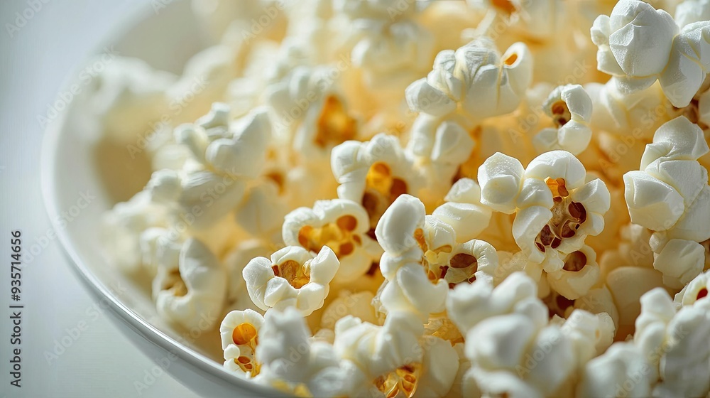 Close-up of popcorn on a white plate, the white background emphasizing the light and airy texture of the kernels. Close-up of popcorn on a white plate, the white background emphasizing the light and airy texture of the kernels.